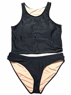 Fabletics Valentina Midi Bikini Top Bottom Set 2 Pc Black Perforated Large